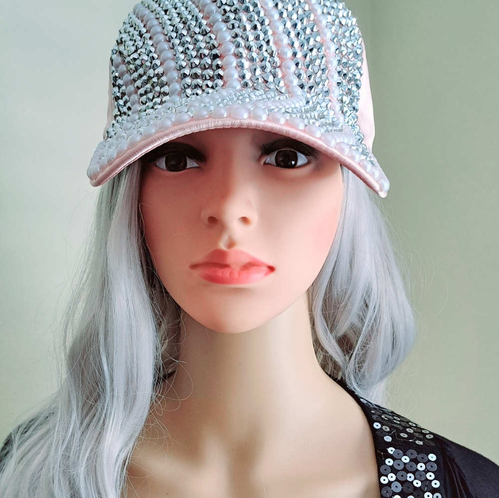 PINK SATIN HAT BASEBALL SPORT STYLE  WITH WHITE PERLS AND SILVER STUD ACCENTS.